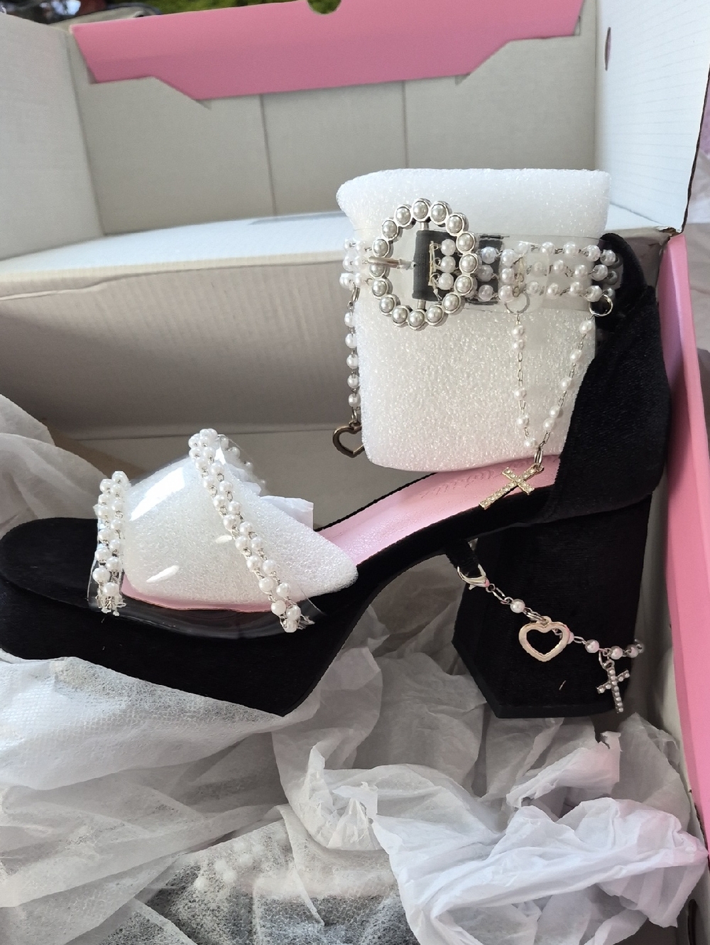 Sugar Thrillz Black Platform Heels with Pearl Embellishments and Pink Insole